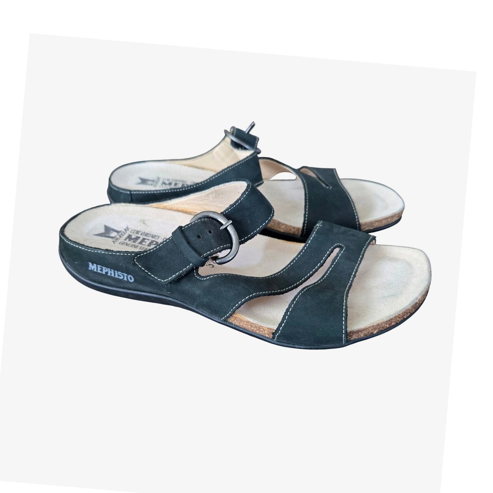 Mephisto Black Nubuck Slide Sandals with Buckle